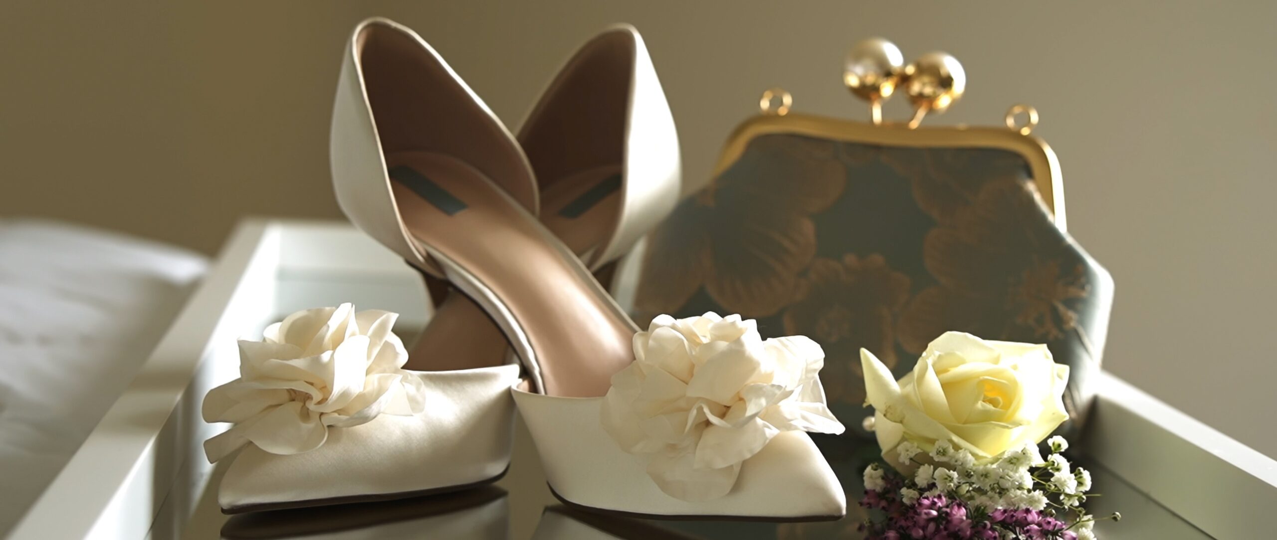 White bridal heels photographed in natural light before wedding in Ballyheigue, Ireland